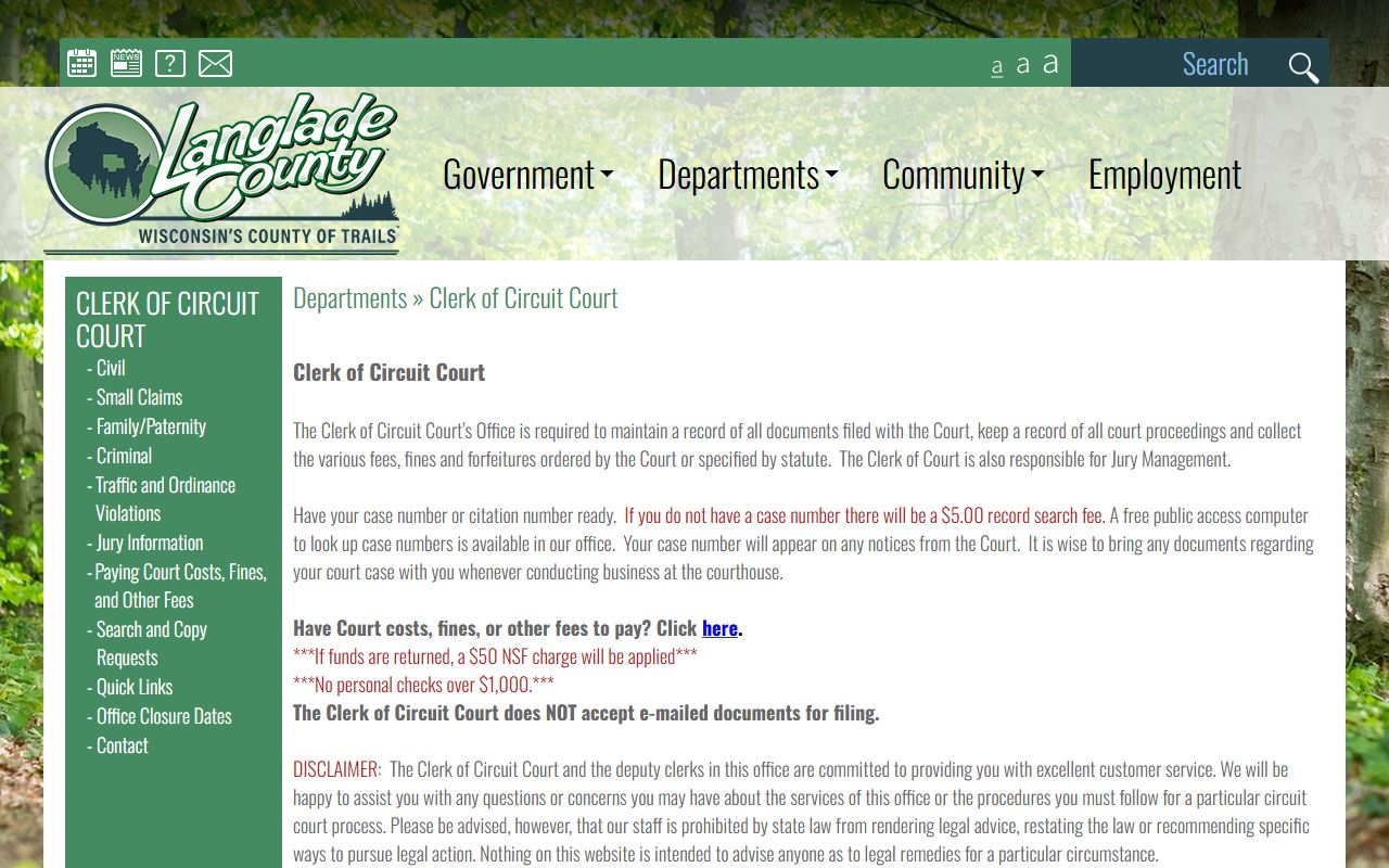 Langlade County Background Check at the Clerk of Circuit Court