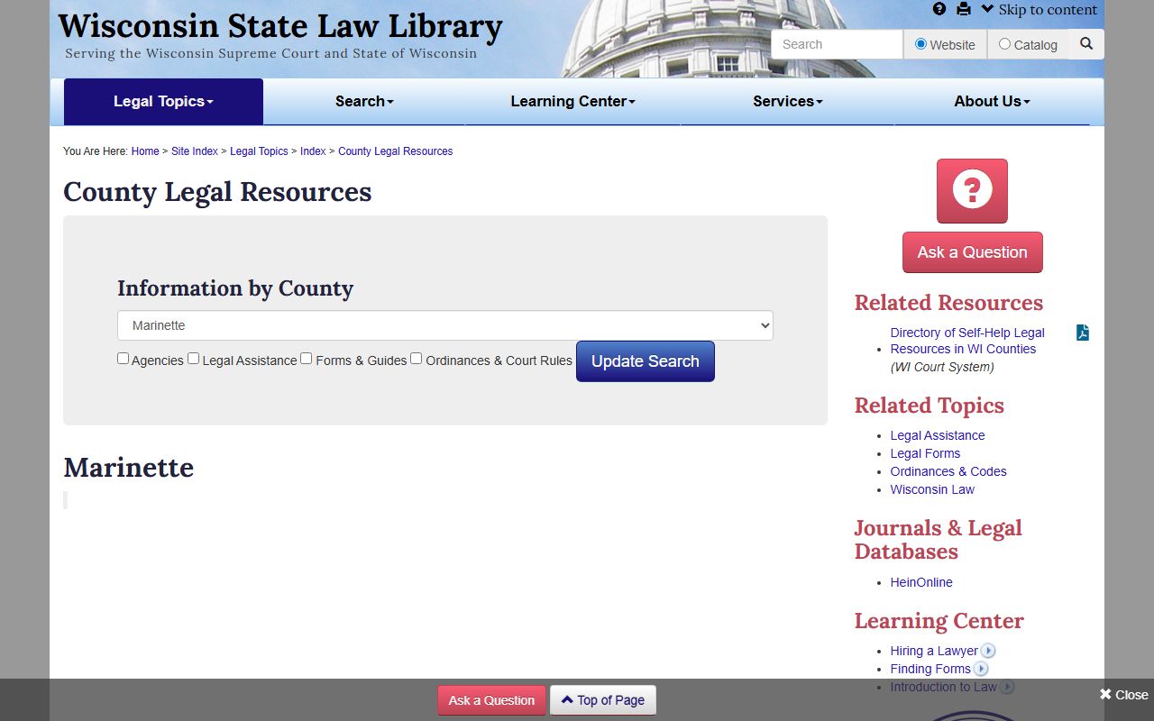 Marinette County Background Check at the Wisconsin State Law Library