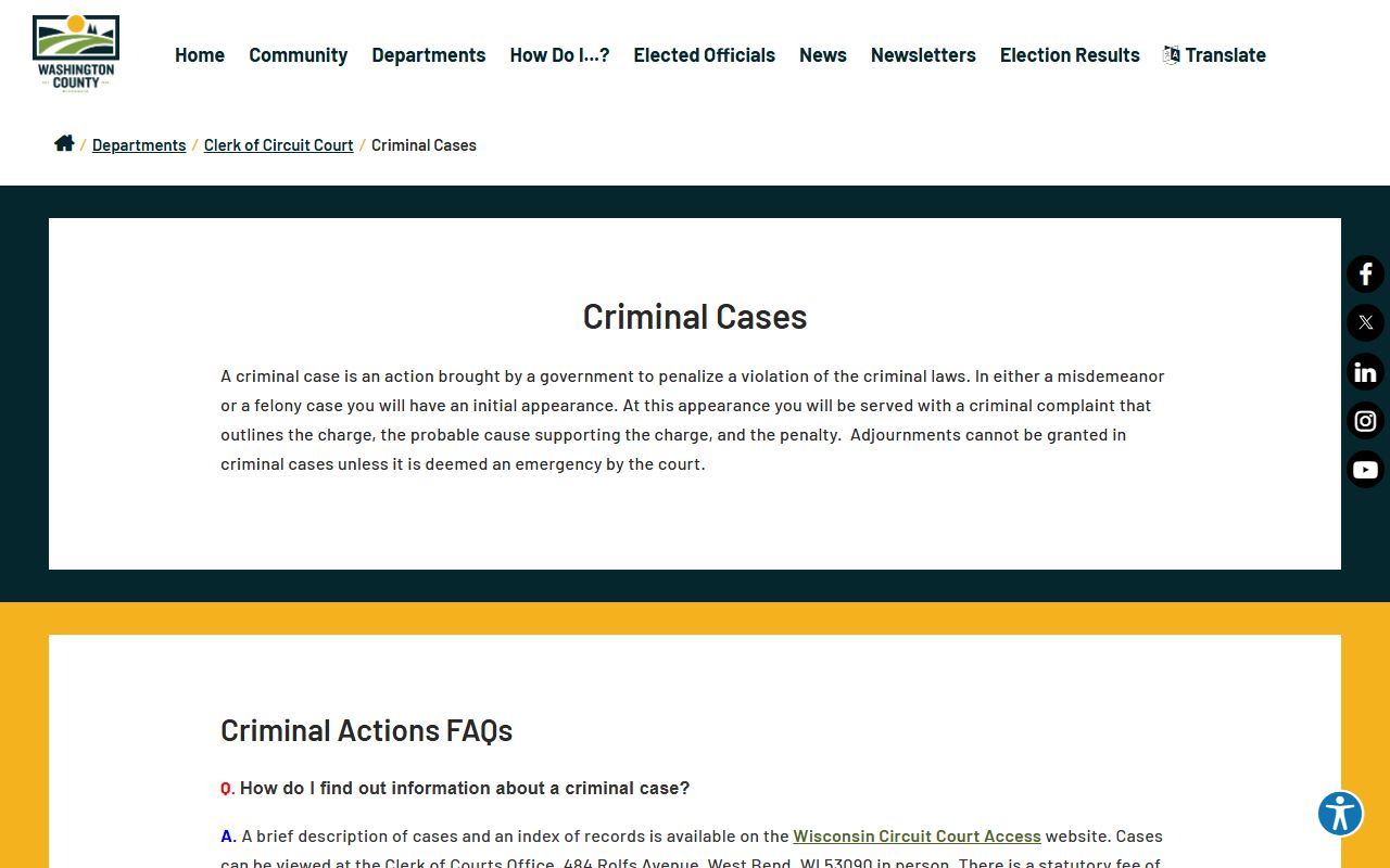 Washington County Background Check at the Criminal Cases page