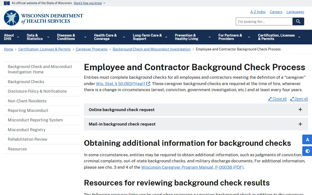 Wisconsin Background Check at Wisconsin DHS Caregiver Guidance