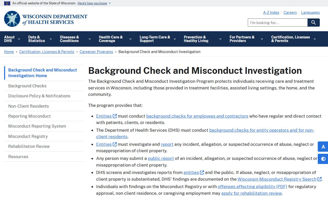 Wisconsin Background Check at Wisconsin DHS Caregiver Program